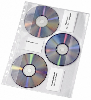 CD/DVD-Abhefthüllen 3CDs transp. PVC für A4 Ringbücher  Packung 10 Hüllen
